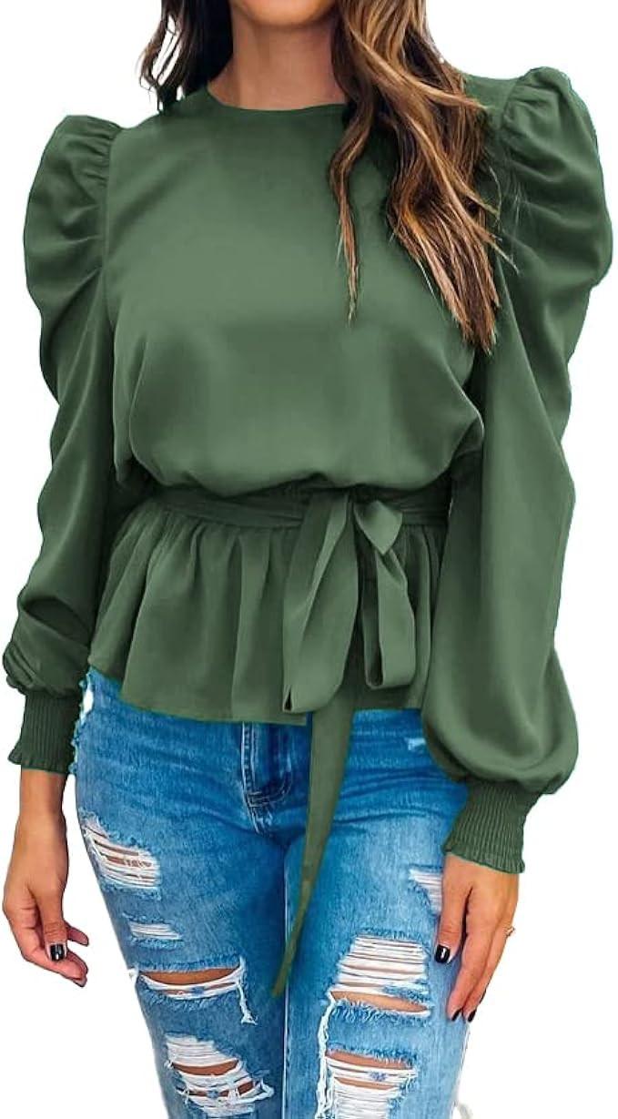 PRETTYGARDEN Women's Fashion Puff Long Sleeve Blouses Satin Tie Waist Peplum Work Blouse Dressy C... | Amazon (US)