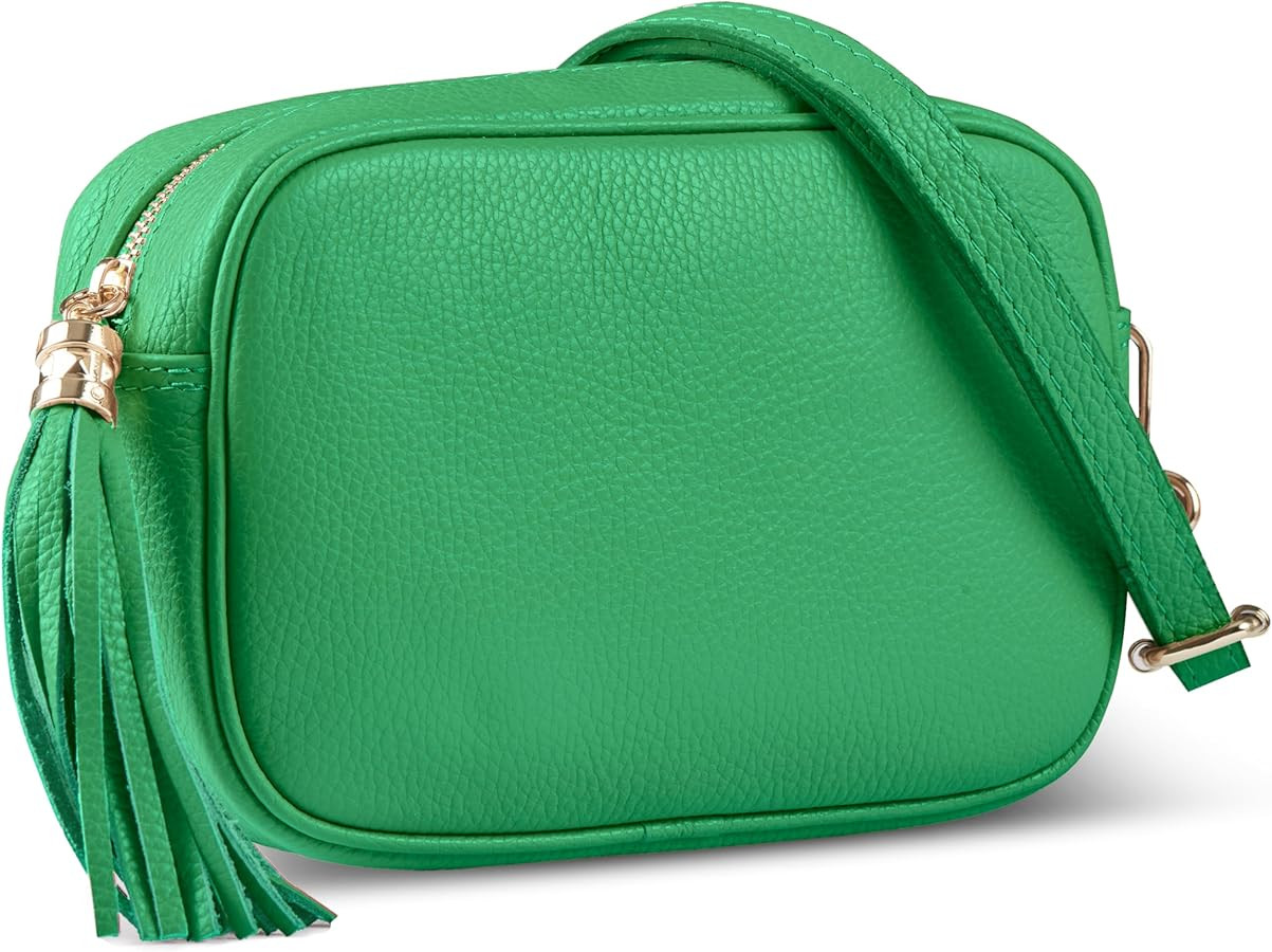 Italian Genuine Leather Crossbody Bag for Women with Zipper Long Strap Tassel | Small Purse Walle... | Amazon (US)