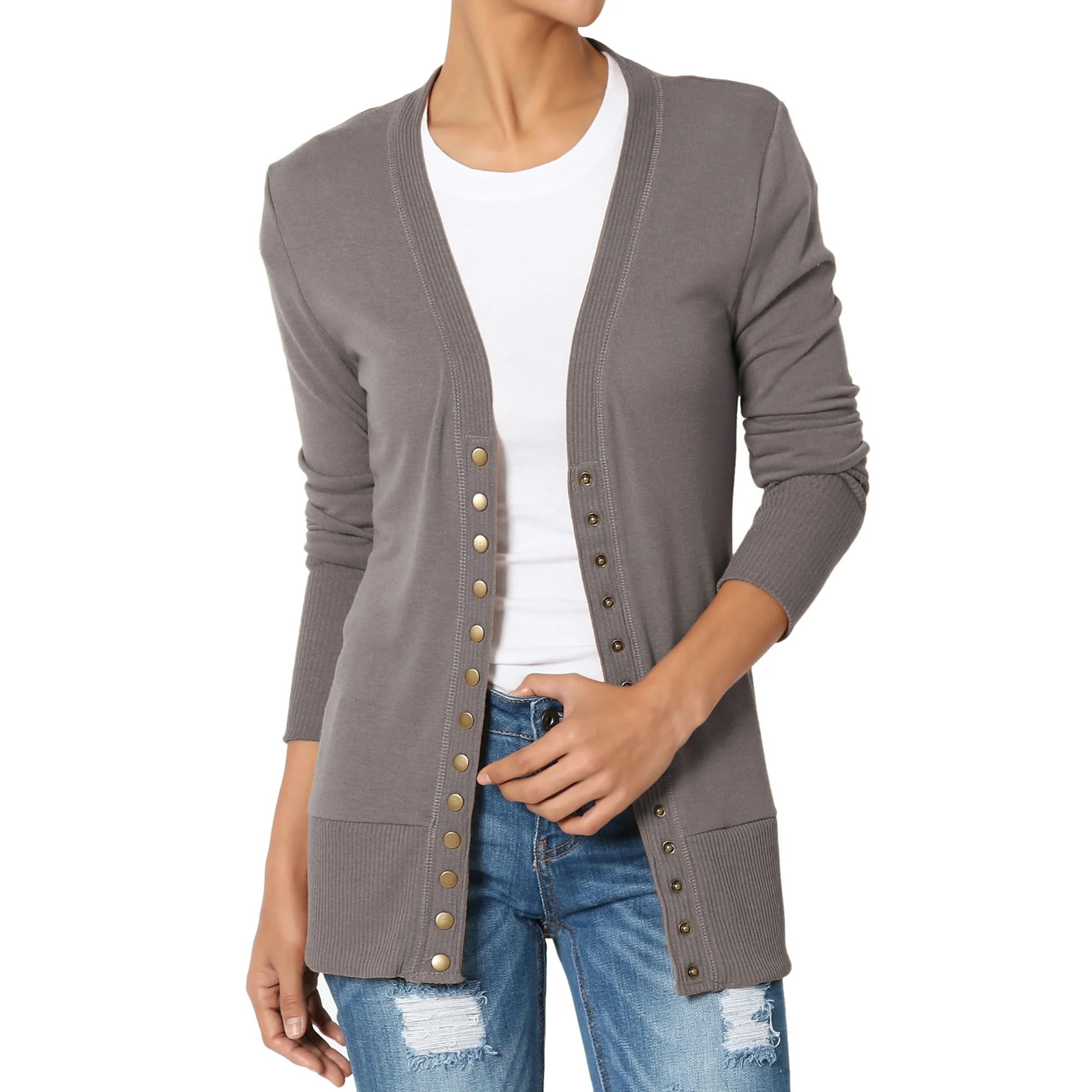 TheMogan Women's S~3XL Basic Snap Button V-Neck Long Sleeve Knit Cardigan | Walmart (US)