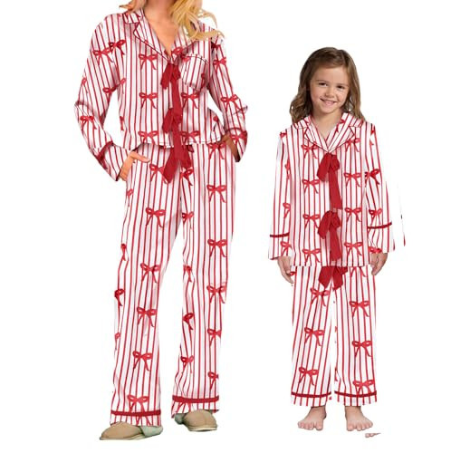 MYBFYABO Mommy and Me Christmas Bow Tie Clothes Set Silk Satin Bow Print Mom Daughter Matching Outfit Xmas 2PC Jammies (Mom, L, Striped Red Bow) | Amazon (US)