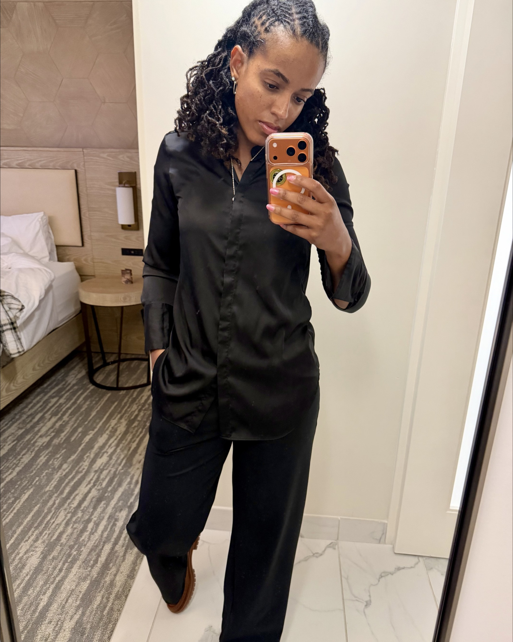 work outfits

Airport to meeting without changing ✈️🖤

Silk black blouse, tailored slacks, and my go-to loafers that keep up with long travel days and back-to-back meetings. Comfortable, polished, and effortless.

Linked my full work travel outfit here.

#LTKWorkwear #LTKootd #LTKTravel