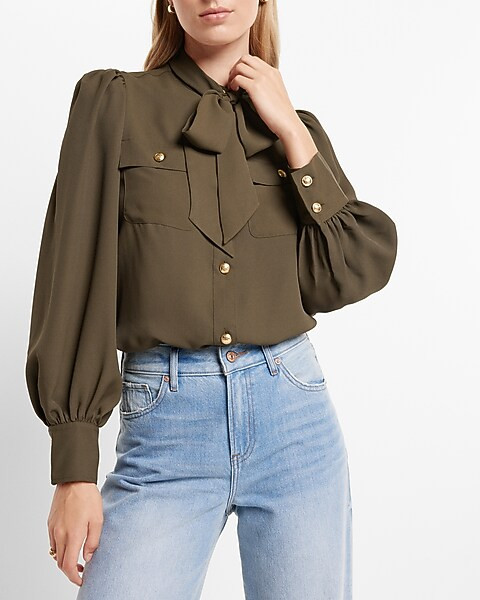 Relaxed Balloon Sleeve Novelty Button Tie Neck Portofino Shirt | Express