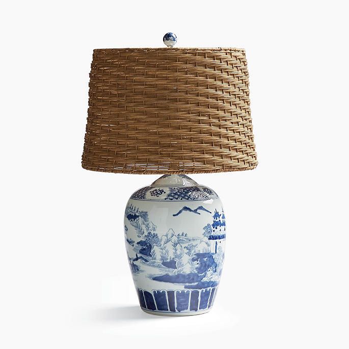 Blue and White Ming Table Lamp with Wicker Shade | Frontgate | Frontgate