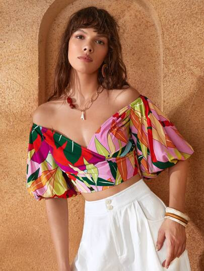 SHEIN Off Shoulder Puff Sleeve Tropical Top | SHEIN