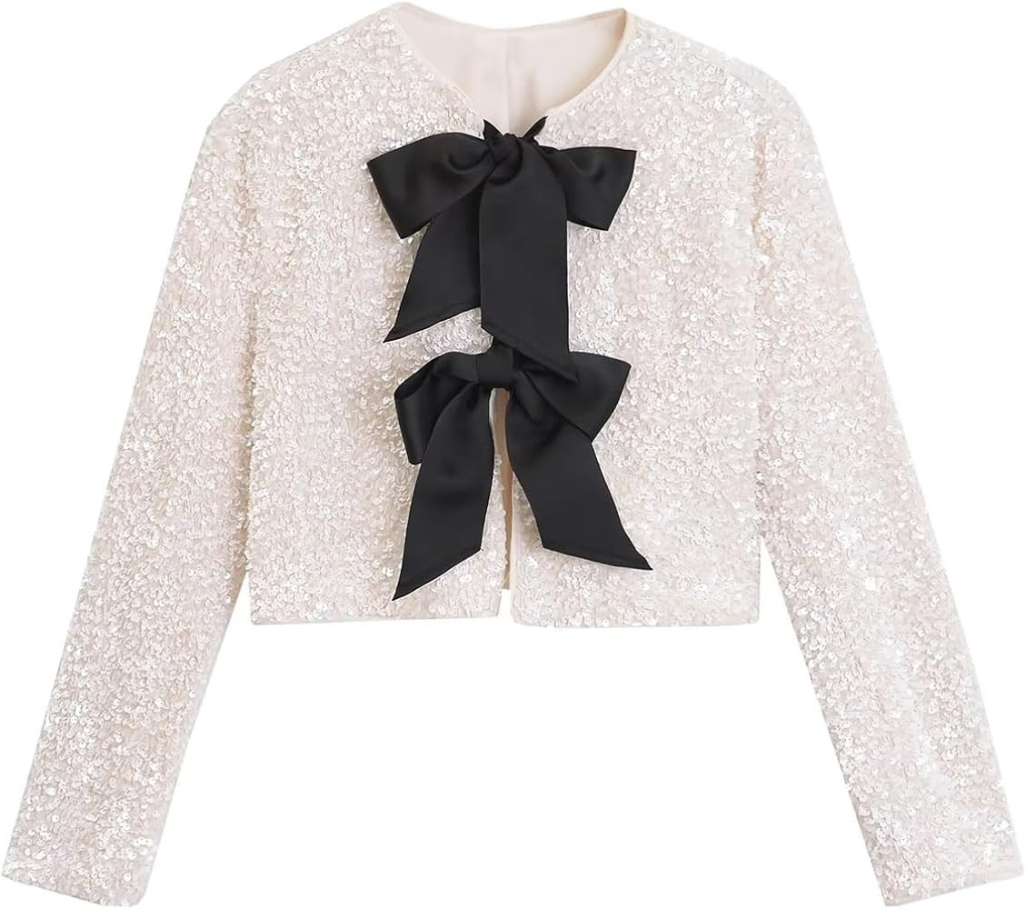 Womens Dressy Sequin Jacket Bow Coat Sparkling Crop Top Party Night Y2K Concert | Amazon (US)