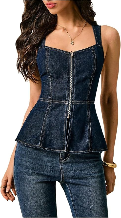 Floerns Women's Y2k Denim Tops Sleeveless Zipper Up Sleeveless Flared Peplum Denim Tank Top | Amazon (US)