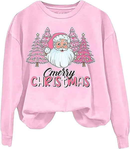 Merry Christmas Sweatshirt Women Xmas Santa Pink Tree Christmas Snowflake Print Long Sleeve Light... | Amazon (US)