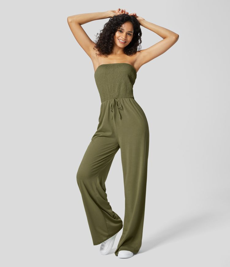 Women’s Tube Backless Shirred Knot Side Pocket Wide Leg Casual Jumpsuit - Halara | HALARA