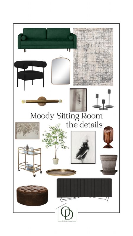 A moody sitting room or modern speak easy room details. 

Brass mirror, modern black barrel chairs, velvet green sofa, a mothers embrace charcoal art, glass match cloche, Italian brass gallery sconce, brass bar cart, tufted leather ottoman, fluted black sideboard, black taper candle holders, brass tray, Flameless tapered candles  

#LTKhome #LTKunder100 #LTKFind