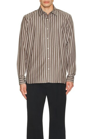 SIMKHAI Hendrix Shirt in Chocolate Stripe from Revolve.com | Revolve Clothing (Global)