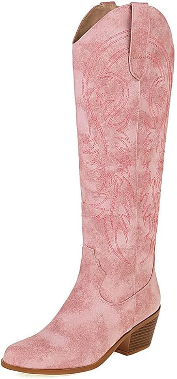 Vimisaoi Cowboy Boots for Women, Fashion Retro Pointed Toe Pull On Wide Calf Long Tall Block Chunky  | Amazon (US)