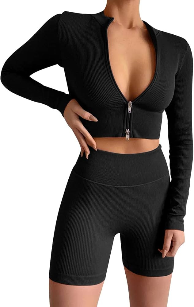 Workout Sets for Women Long Sleeve Zip Crop Top Seamless Ribbed High Waist Biker Shorts 2 Piece O... | Amazon (US)