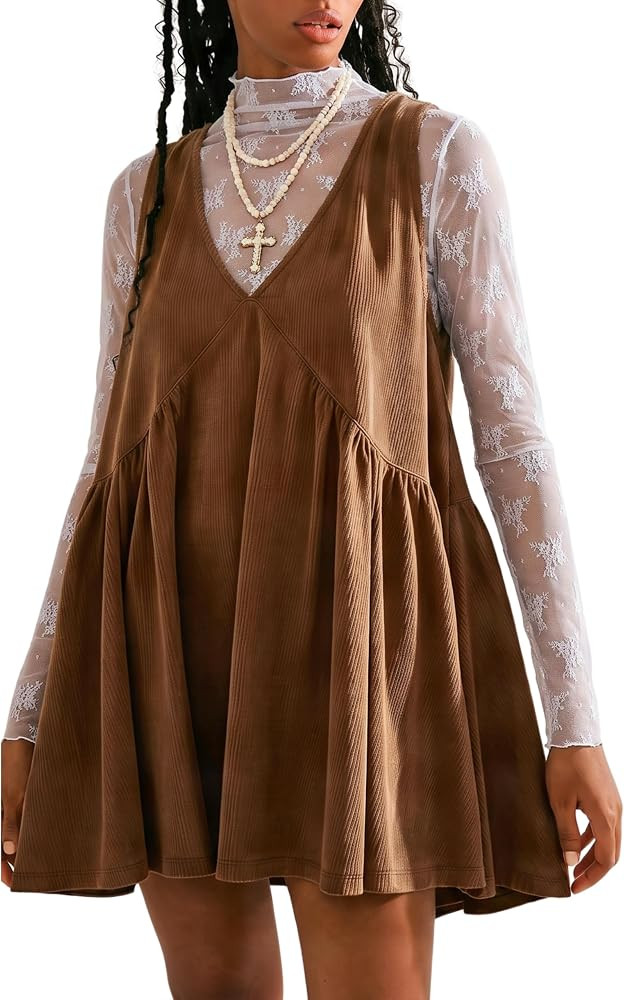 Women's Corduroy V Neck Babydoll Dress Layering with Pockets | Amazon (US)
