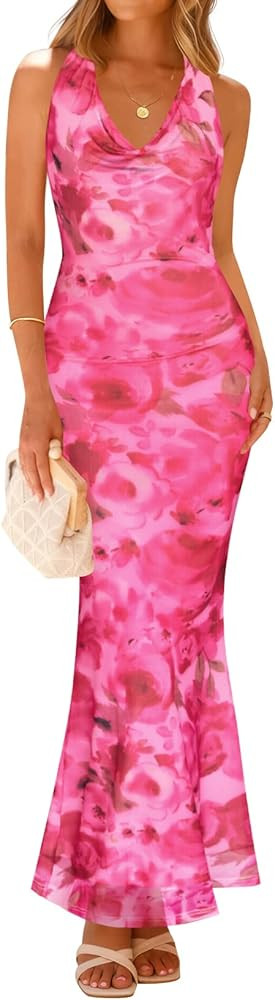 ZESICA Women's 2026 Summer Halter Neck Floral Print Maxi Dress Sleeveless Backless Wedding Guest ... | Amazon (US)