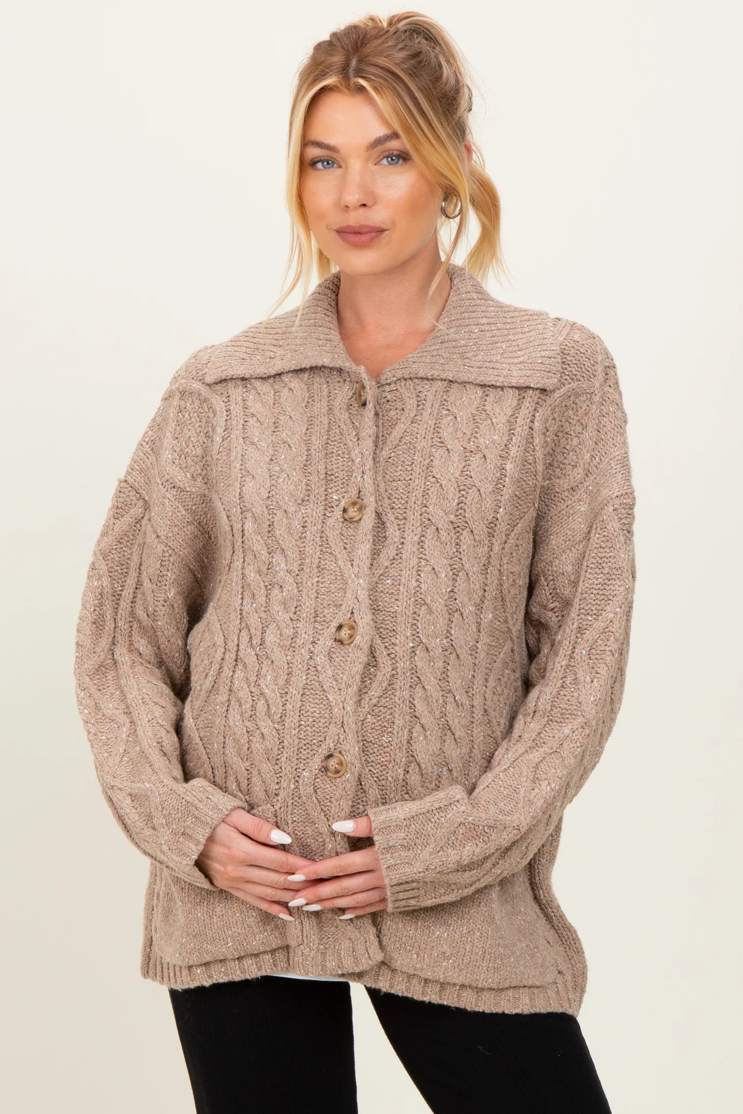 Beige Cable Knit Collared Maternity Button Up Cardigan | PinkBlush Maternity