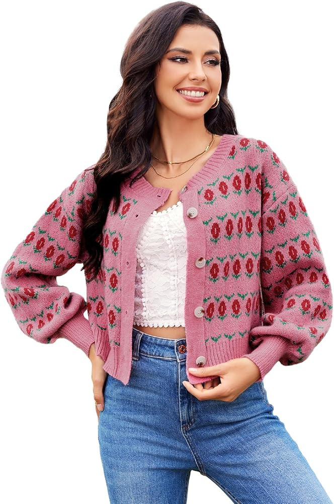 WDIRARA Women's Floral Button Down Ribbed Knit Crew Neck Cropped Cardigan Sweater | Amazon (US)