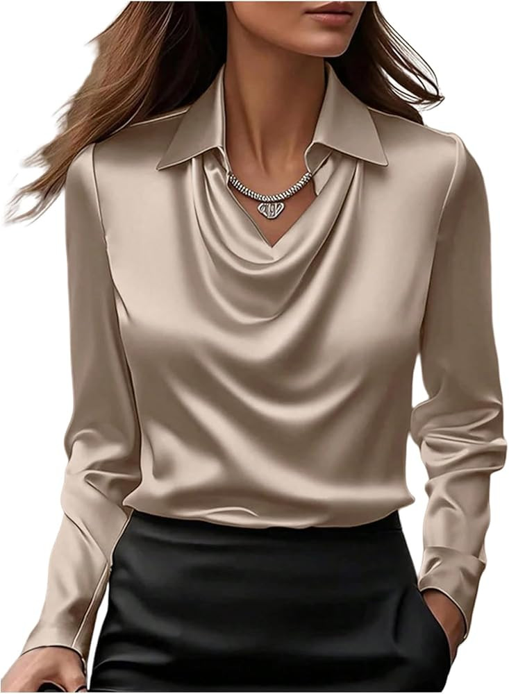 SweatyRocks Women's Long Sleeve Satin Blouses Cowl Neck Top Elegant Business Work Collared Shirt | Amazon (US)