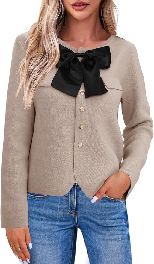 Saodimallsu Womens Button Down Cropped Cardigan Sweaters Cute Bow Long Sleeve Crew Neck Knit Swea... | Amazon (US)