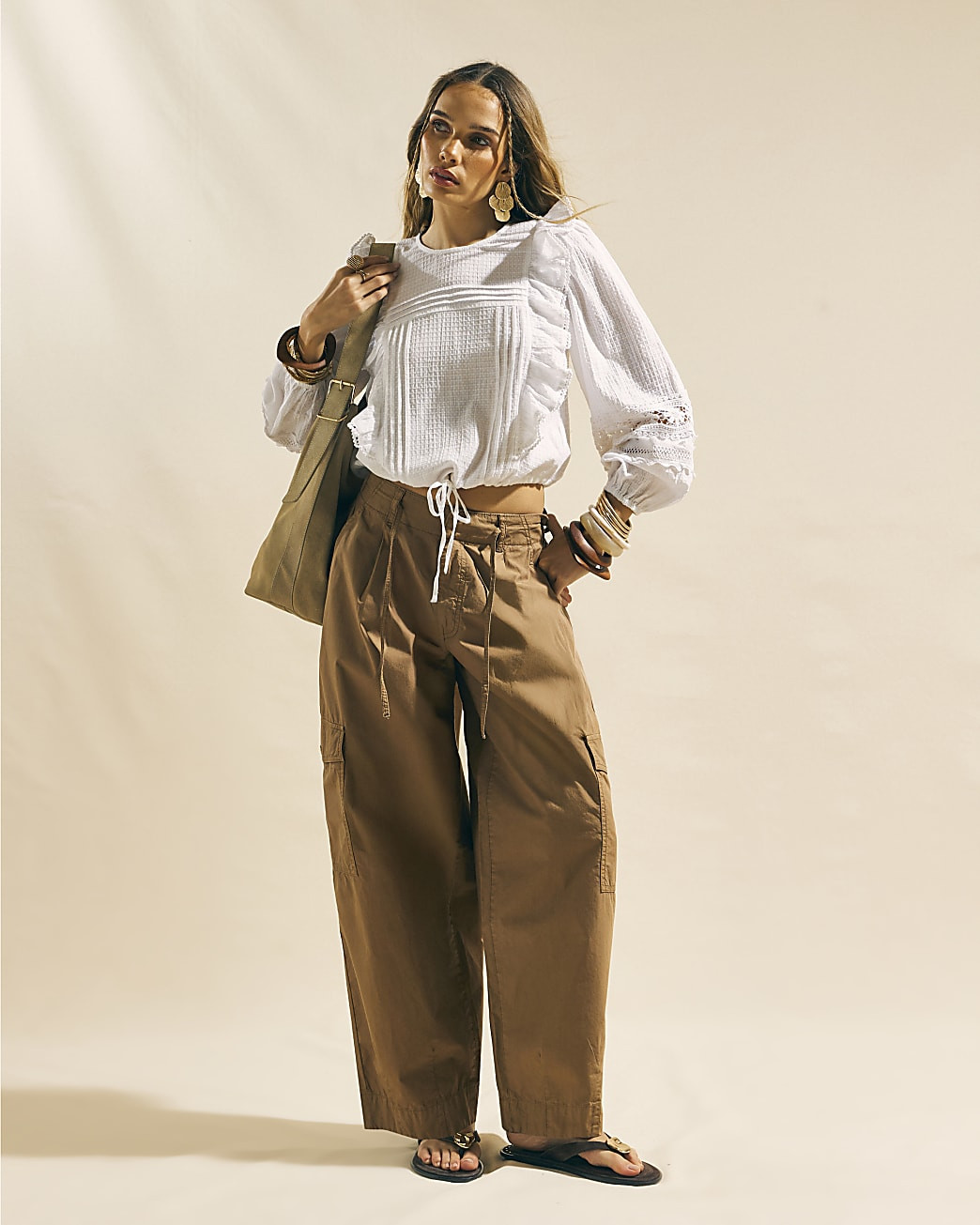 Beige Barrel Leg Cargo Trousers | River Island UK & IE