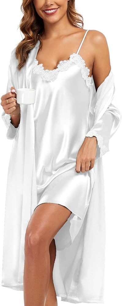 BestWendding Women's Silk Robe Set 2 Pieces Pajamas Sets Sexy Soft Satin Robe with V Neck Camisol... | Amazon (US)