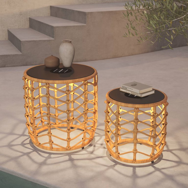 Grand Patio Outdoor Modern Boho Style Wave Wicker End Tables, Built-in Solar Lights, Natural Brow... | Walmart (US)