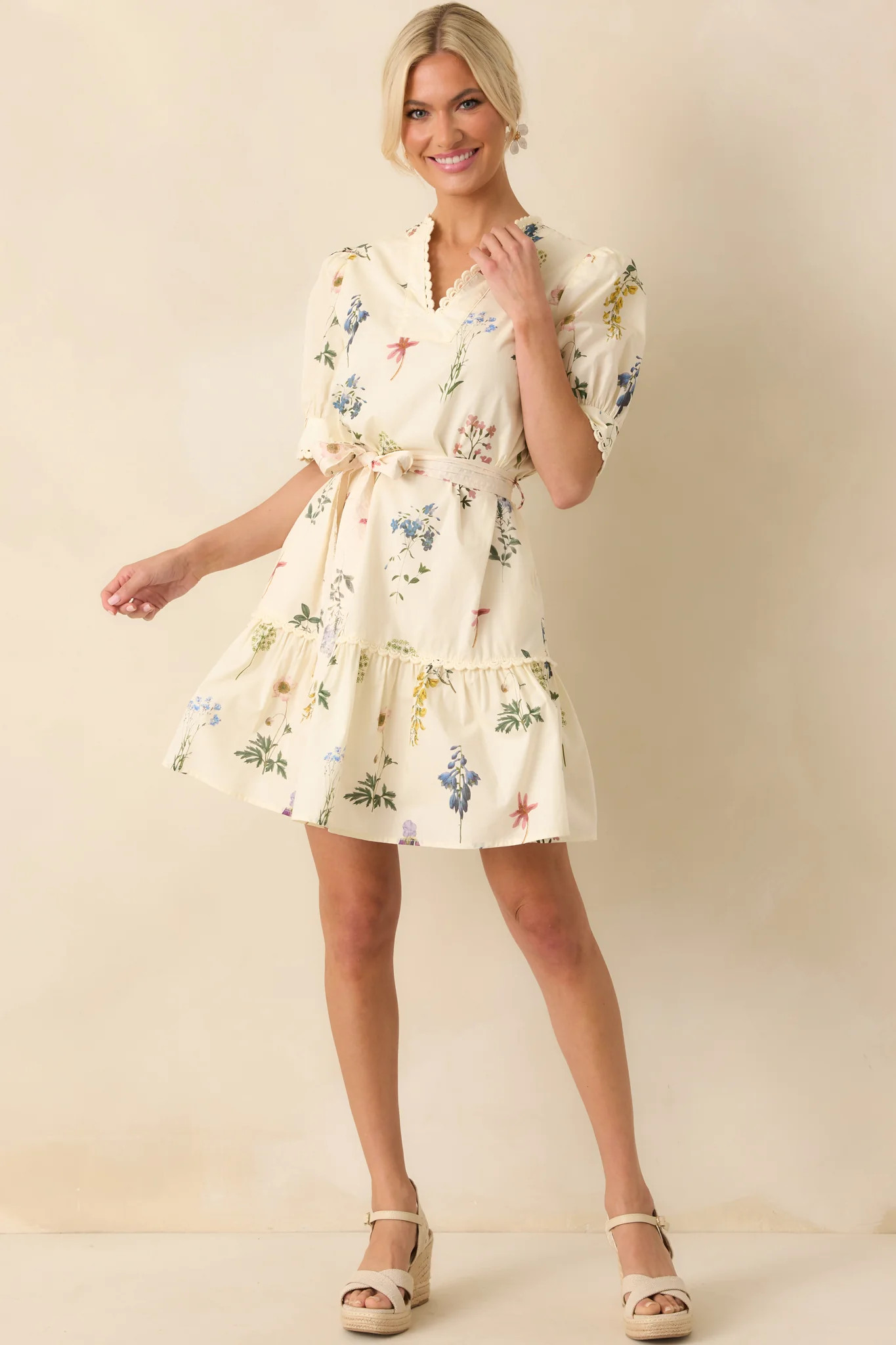 Everything Is Just Right Ivory Floral Print Cotton Mini Dress | Red Dress