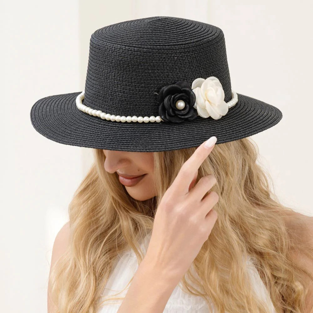 Double Flower Accent Pearl Band Straw Sun Hat | Shop Simon