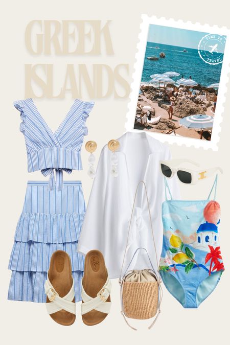 Greek islands holiday outfit- white beach shirt, printed swimsuit, stripe blue crop top & matching ruffled skirt, co-ord set, Chloe bag, sandals.
Vacation outfit, Greece outfits, Europe outfit, swimwear, beach wear.

#LTKstyletip #LTKswimwear #LTKeurope