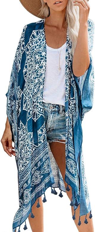 Dokotoo Womens Fashion Floral Print Swimsuit Kimono Tassel Casual Cardigan Loose Beach Cover ups | Amazon (US)