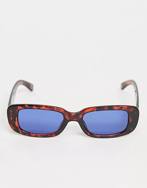 ASOS DESIGN mid rectangle sunglasses with blue lens in tort | ASOS (Global)
