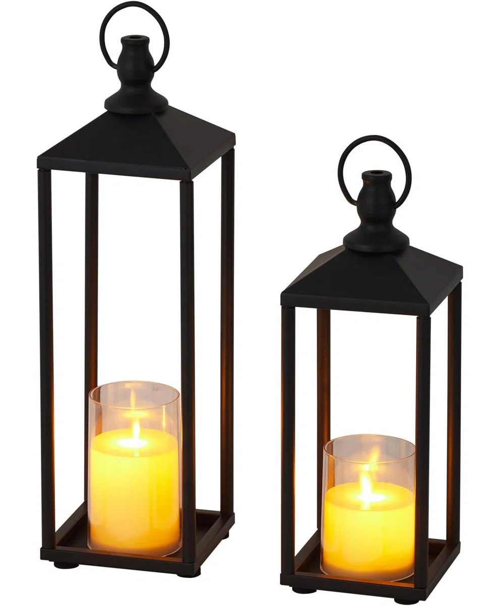 17" 13" Lanterns Decorative Outdoor & Indoor, Set of 2 Modern Metal Black Lantern with Flameless ... | Wayfair North America