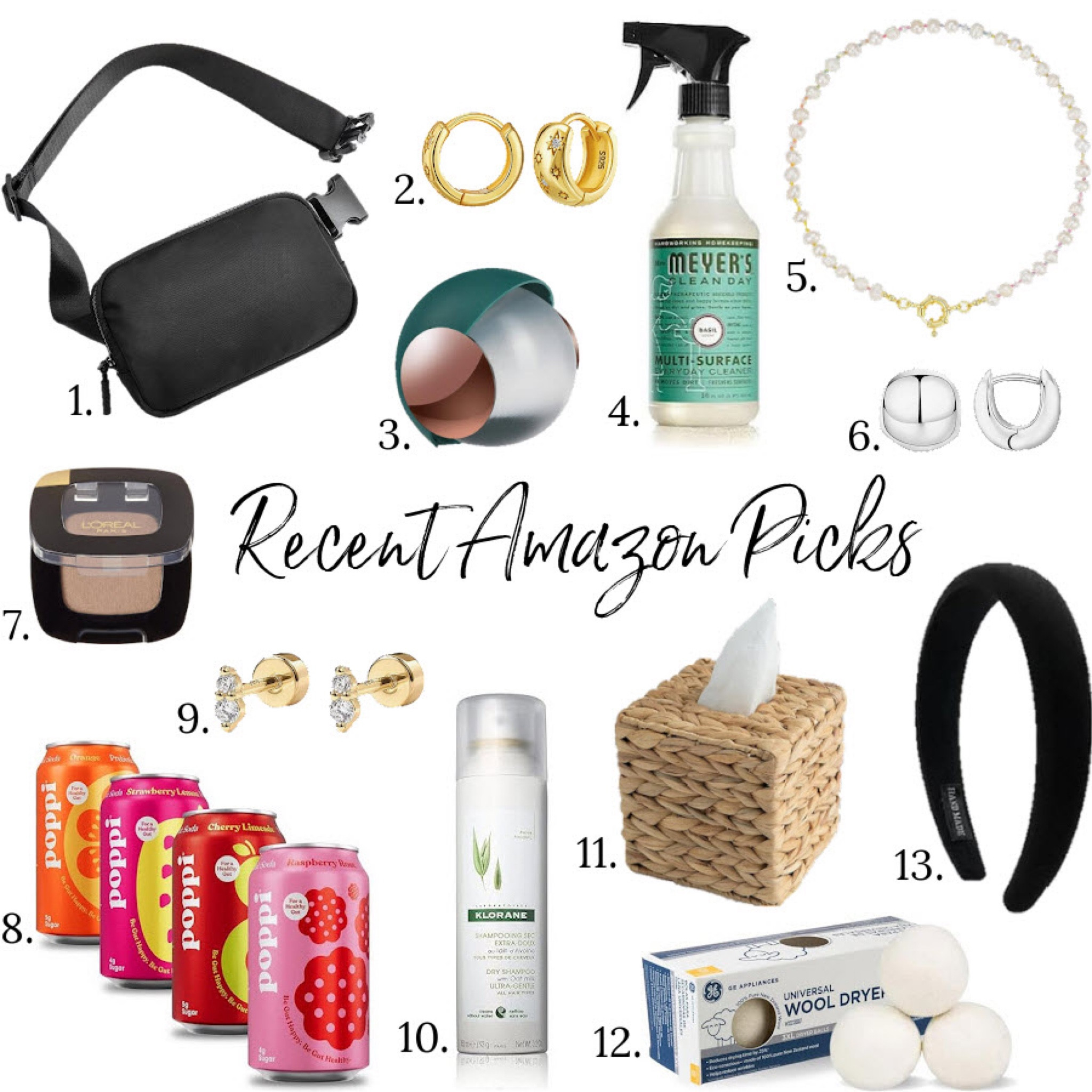 Recent amazon buys! 
.
Belt bag amazon finds huggies earrings pearl necklace dry shampoo black headband home 

#LTKhome #LTKfindsunder50 #LTKSeasonal