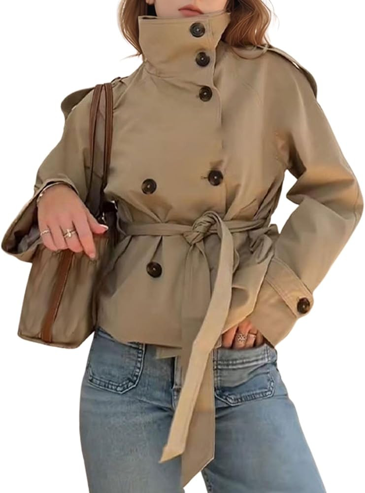 Chevara Women’s Casual Trench Coat Long Sleeve Lapel Collar Double Breasted Jacket Coats | Amazon (US)