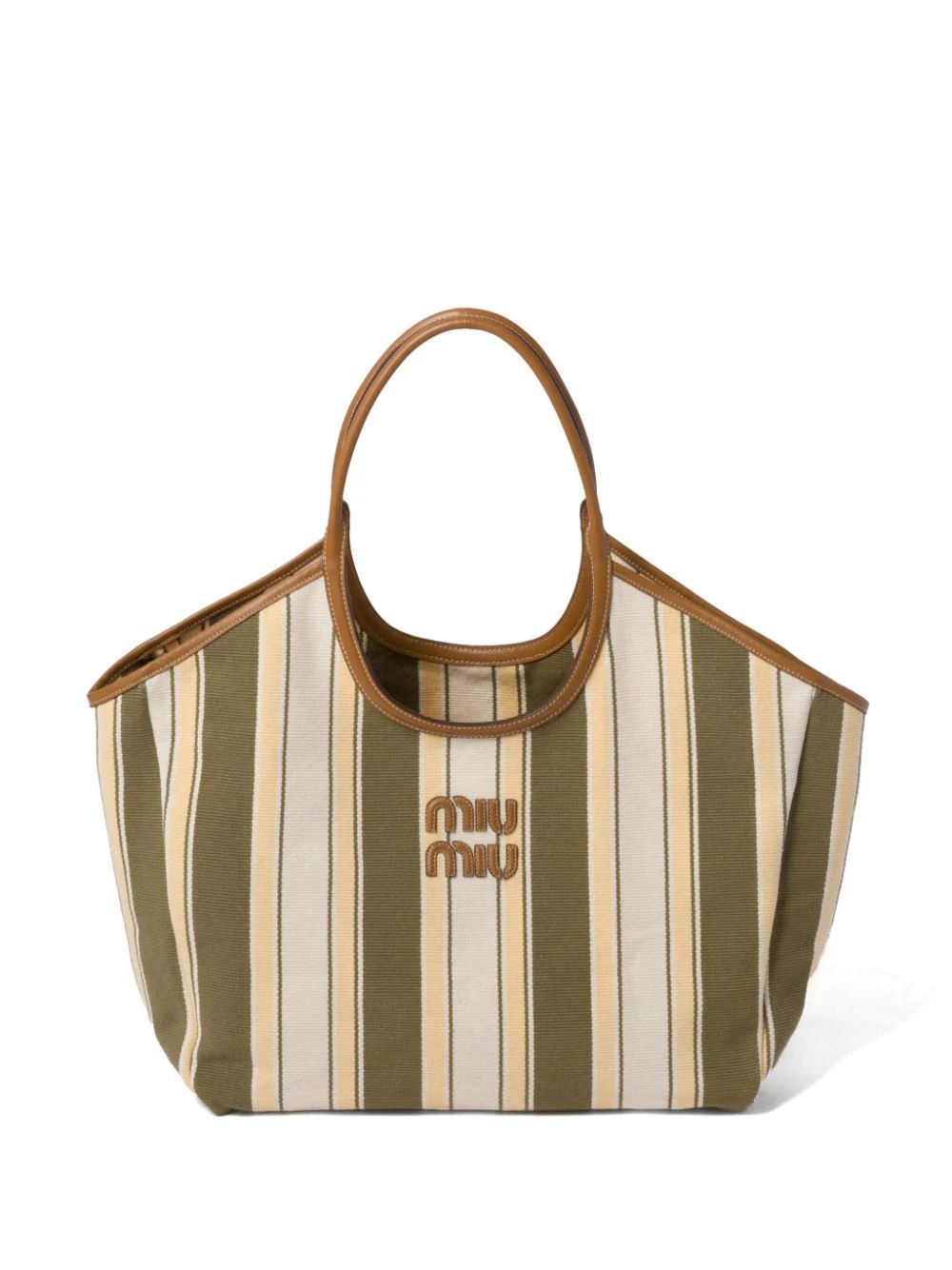 The DetailsNew SeasonMiu MiuIvy striped tote bagHighlightsolive green/beige canvas/leather vertic... | Farfetch Global