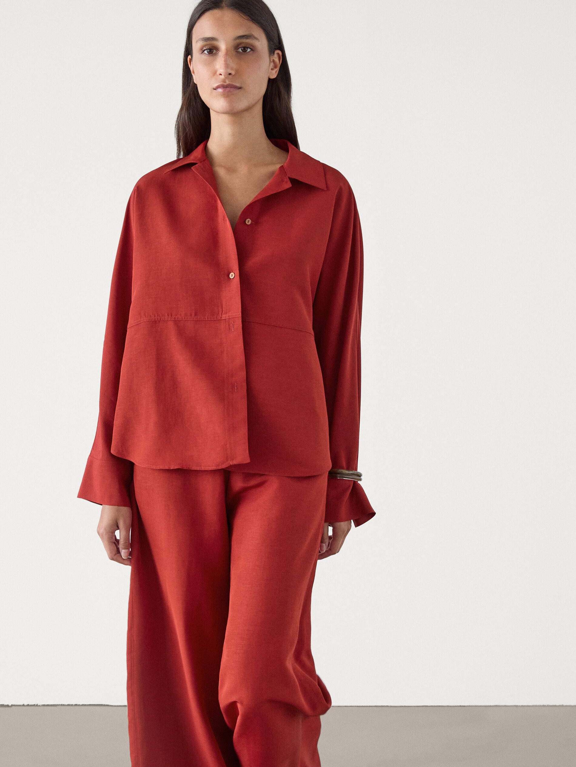 Linen blend co-ord shirt with seam detail | Massimo Dutti US