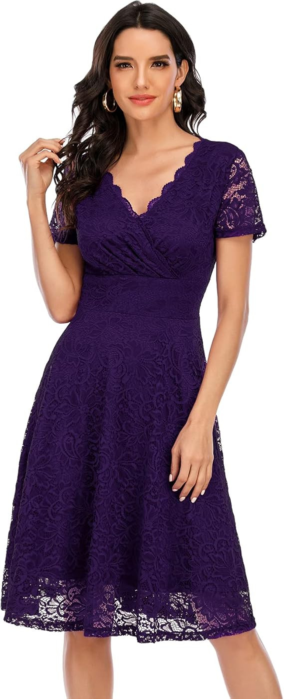 Homrain Women's Wedding Floral Lace Cocktail Party Dress Bridesmaid Dress V Neck Keen Length Swin... | Amazon (US)