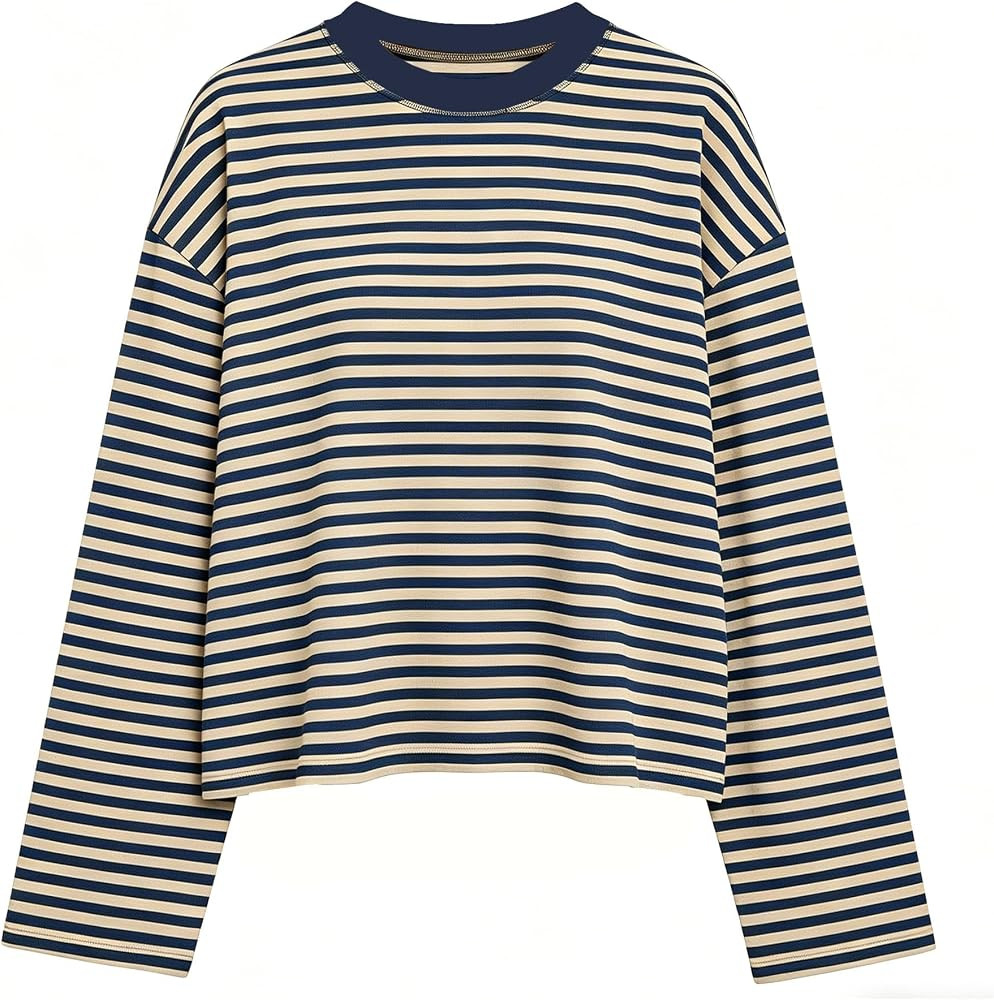 KOSUSANILL Women Oversized Striped Long Sleeve Shirt Crewneck Cropped Tops Drop Shoulder Y2K Prep... | Amazon (US)