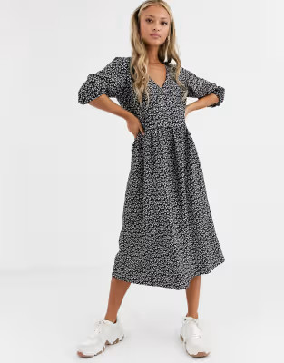 ASOS DESIGN mono floral jacquard wrap smock dress | ASOS (Global)