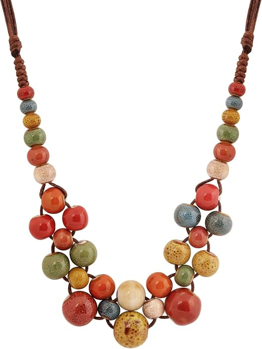 MINACHI Hippie Boho Colorful Ceramic Round Beads Strand Necklace, Bohemian Fashion Statement Jewe... | Amazon (US)
