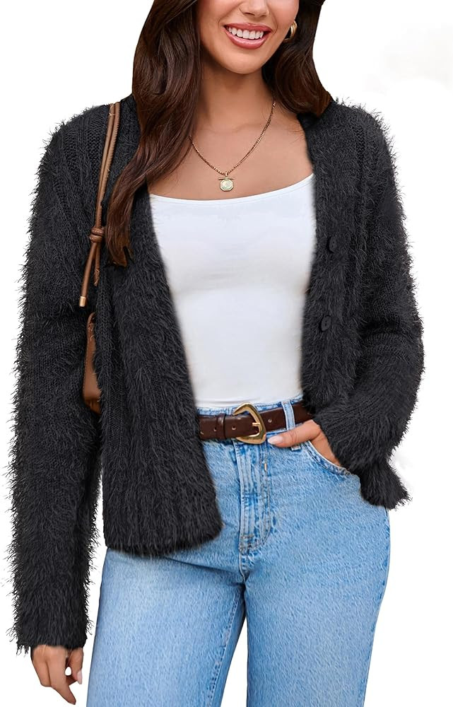 GRACE KARIN Women's Fuzzy Cardigan Long Sleeve Open Front V-Neck Button Down Loose Knit Sweater O... | Amazon (US)