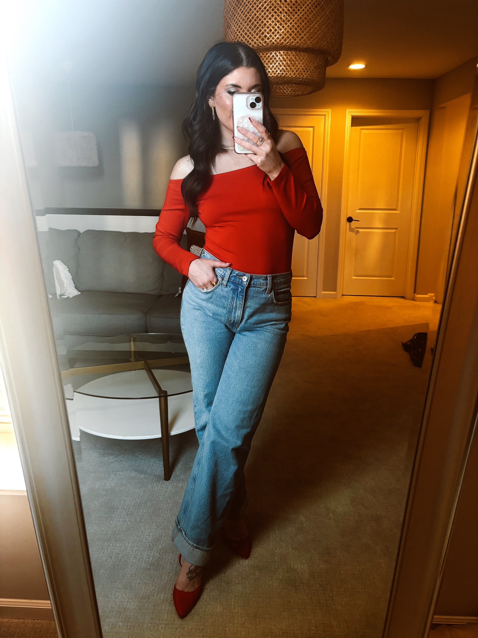 Love a pop of red for the holidays! This off the shoulder top is so festive and comfy for any holiday event you have this season! Wearing a size small and 28 in the jeans! 

#LTKHoliday #LTKFindsUnder50 #LTKSeasonal