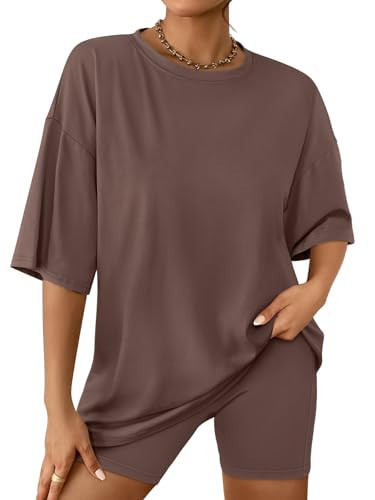 AUTOMET Spring Outfits for Women 2026 Fahsion 2 Piece Sets Two Piece Lounge Set Matching Clothing Oversized Tshirts Biker Short Brown M | Amazon (US)