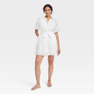 Women's Eyelet Balloon Elbow Sleeve Mini Shirtdress - A New Day™ White | Target