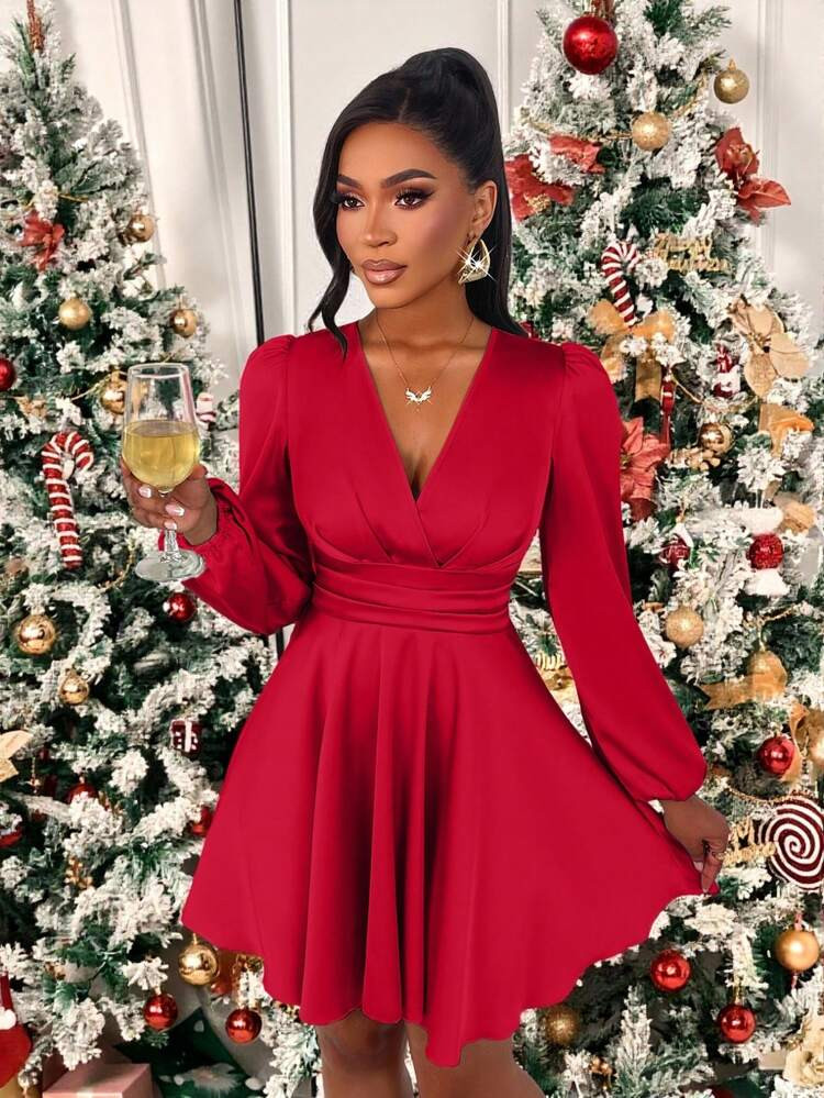 AIJ Amarilo Women's Autumn And Winter Elegant Solid Color V-Neck Slim Fit A-Line Puff Sleeve Sati... | SHEIN