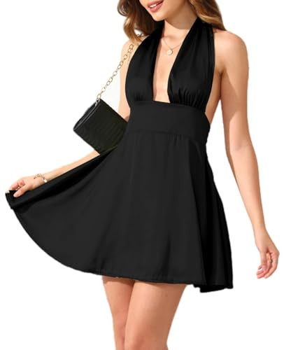 Women's Sexy Mini Dress, Deep V-Neck Backless Satin Cocktail Dress Party Club Halter Flowy Short Silk Dresses (Black, L) | Amazon (US)