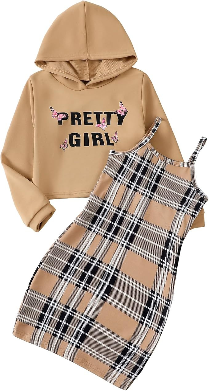 Girls 2 Piece Outfits Cami Dresses Hoodie Clothing Set Plaid Bodycon Dress Crop Top Sweatshirt Fa... | Amazon (US)