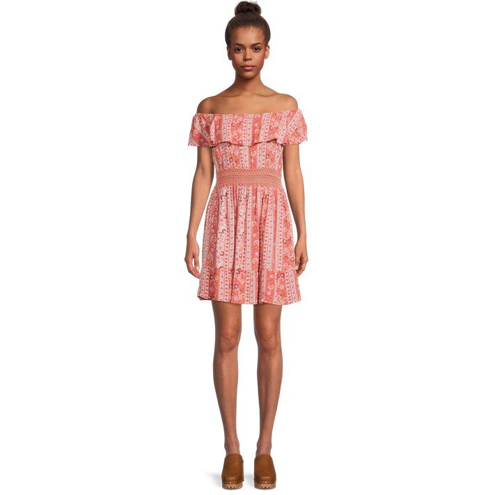 No Boundaries Juniors Ruffled Print Dress with Crochet Waist | Walmart (US)