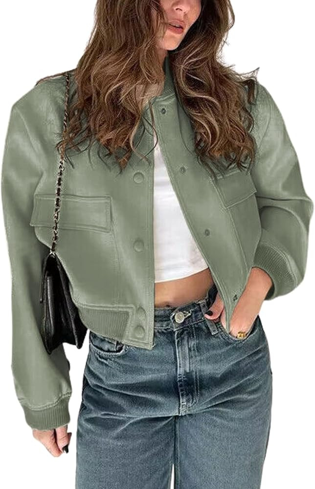 Athlisan Womens Cropped Bomber Jacket Casual Button Down Varsity Baseball Jacket with Pockets | Amazon (US)