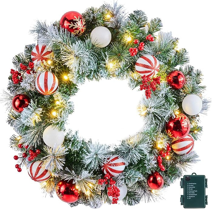 Pre-Lit Artificial Christmas Wreath 24Inch, Christmas Door Decorations Wreath with 50LED Warm Lig... | Amazon (US)