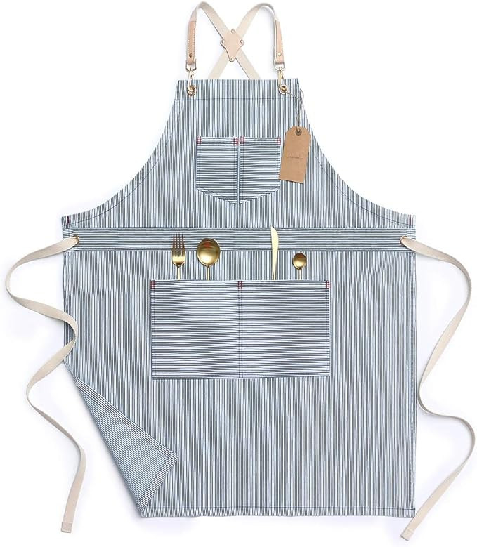 Jeanerlor Blue Striped Denim Aprons for Women and Men - Jean Cross Back Apron Adjustable Neck Uni... | Amazon (US)